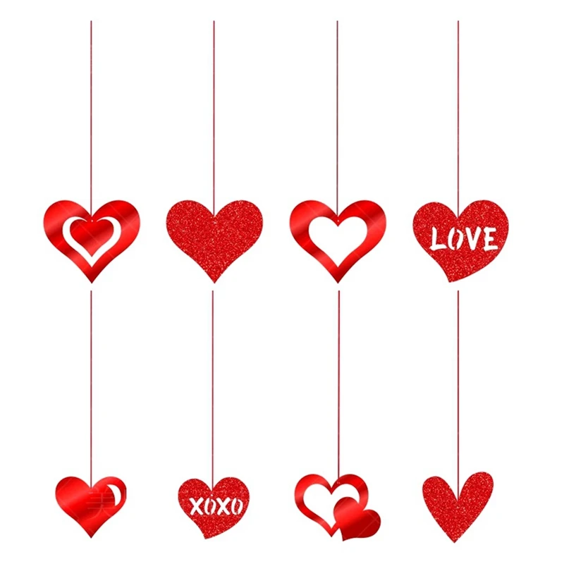 

16 Piece Valentines Day Hanging Decorations, As Shown Plastic Glitter Valentine's Day Love Hanging Ornament With Red Ribbons