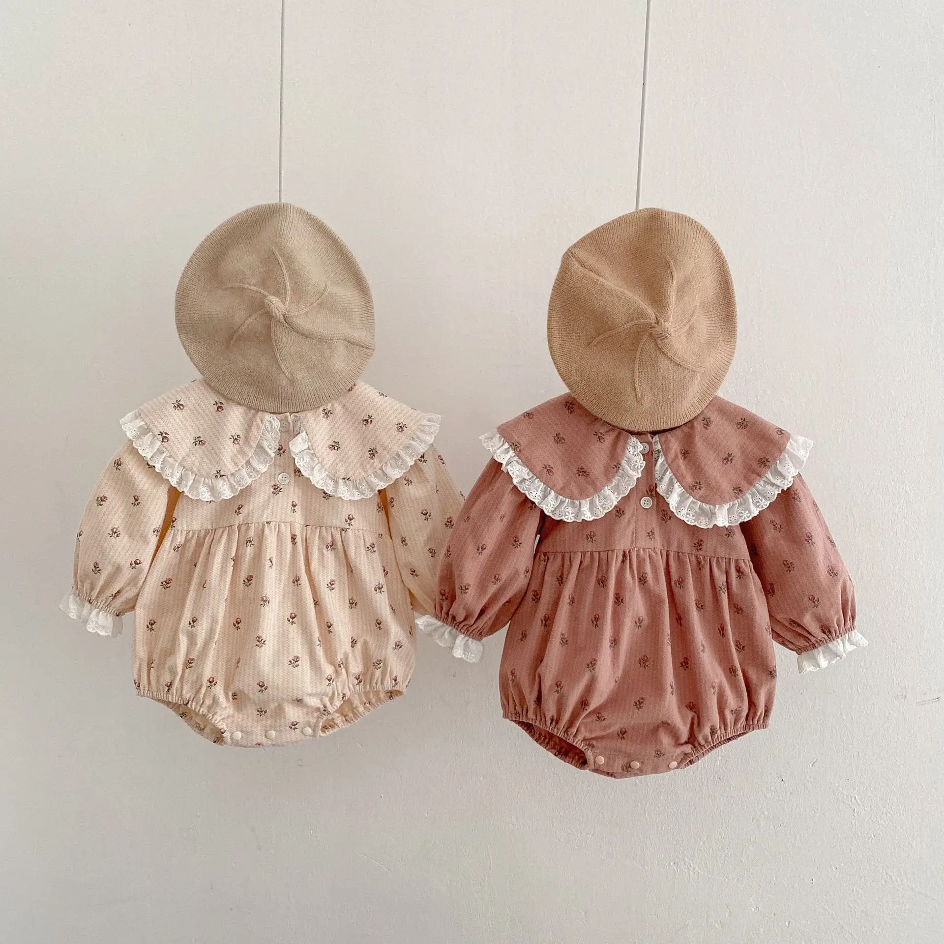 

2023 New Spring Floral Bodysuits Baby Girls Sweet Lace Lapel One Pieces Infant Long Sleeve Cotton Jumpsuit Toddler Birth Outfit