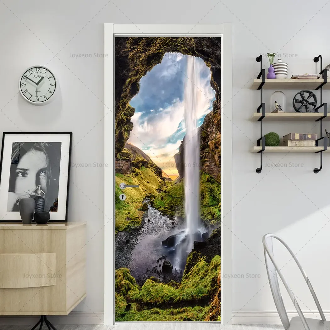 Pegatinas de puerta 3D de paisaje natural, papel tapiz autoadhesivo de  paisaje de cascada de bosque, Mural de puerta para nevera, armario,  decoración de armario - AliExpress, image size:1050x1050