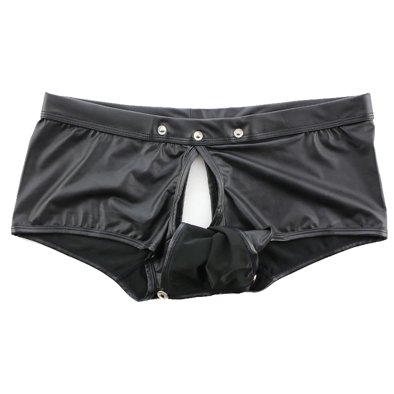 PU Leather Men's Boxer Shorts Sexy Big Penis Pouch Gay Underwear Low Waist Buttons Back Open Erotic Boxers Hollow Out Underpants 6