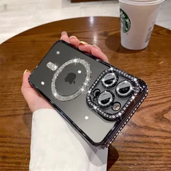 Luxury Glitter Rhinestones Magnetic Phone Case with Clear Lens Protection for iPhone 16 (Black)