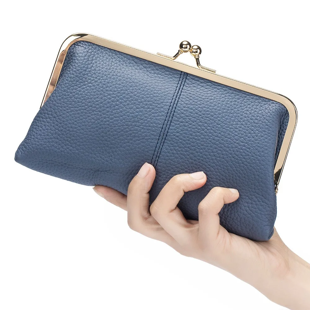 Genuine Leather Long Clutch Wallet Clip Bags Vintage Coin Purse Card Holder Key Lipstick Handbag Phone Pouch Case For Women