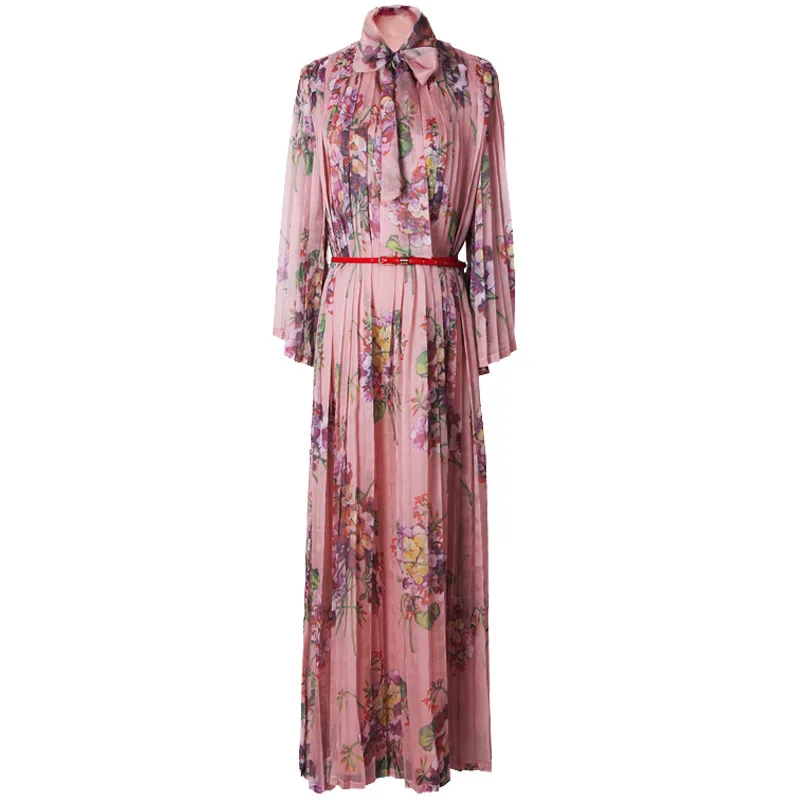 

Delicacy Crimping Designed Lady Spring Summer Lace-up V Neck Long Sleeve Women Floral Loose Cutting Maxi Dress