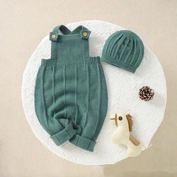Autumn And Winter Infants Toddlers Solid Color Jumpsuit Baby Clothing Climbing Suit With Hat Knitted Suit Clothes For 0-18Months 1