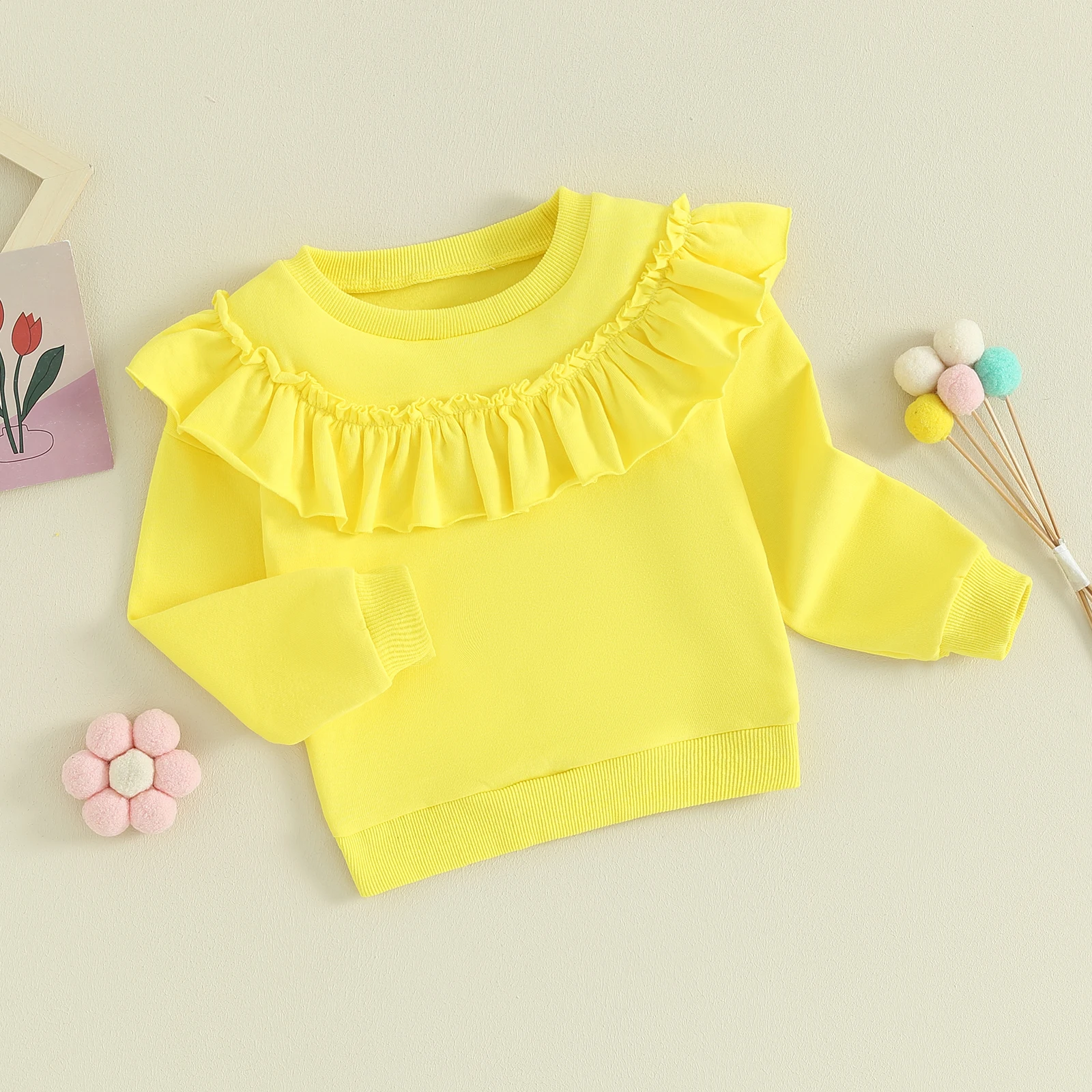 Toddler Kids Baby Girl Ruffle Sweatshirts Long Sleeve Round Neck Solid Color Pullovers Spring Tops 9M-4T girl sweatshirt kids sweatshirt baby girl clothes