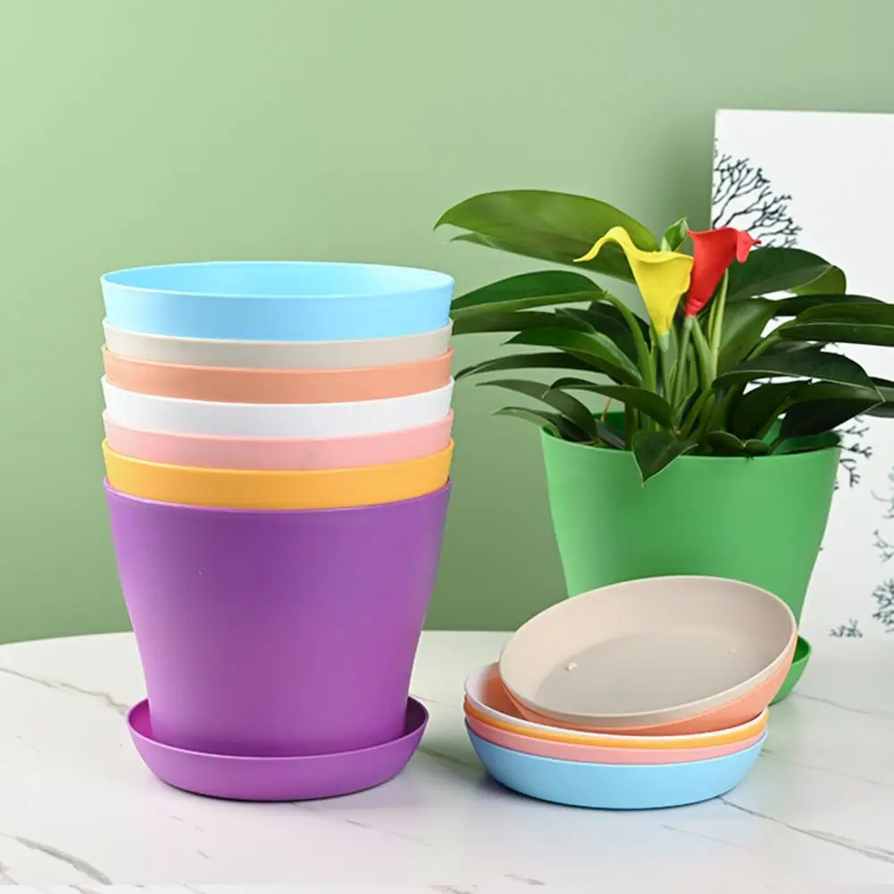 2Pcs Flower Pot Colorful Round Large Mouth PP Drainage Holes Plant Container With Saucer Lightweight Thick Nursery Pot