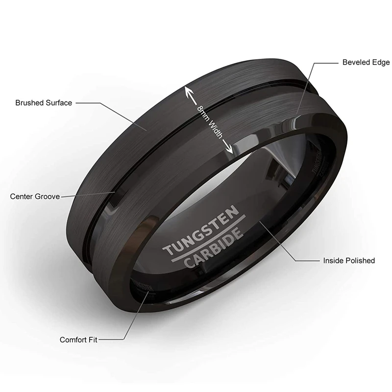8mm Men Rings Jewelry Black Groove Matte Stainless Steel Wedding Engagement Party Gift Anniversary Rings