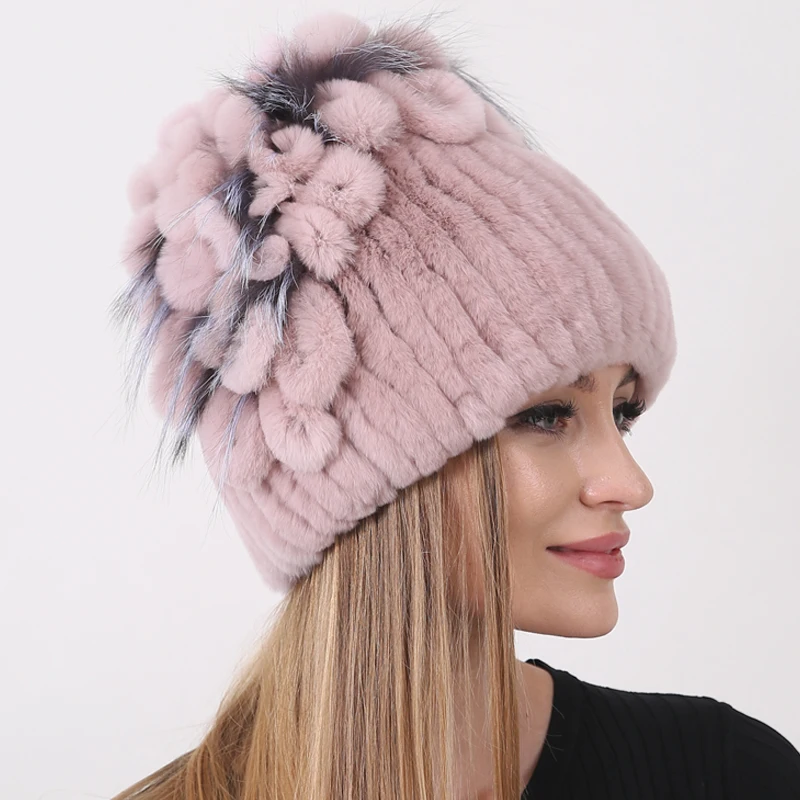 Floral Rabbit Fur Hat Women Fluffy Warm Winter Thick Hat Elegant Stylish Russian Fur Cold Hat Rex Rabbit Fur Beanies Striped Top 3