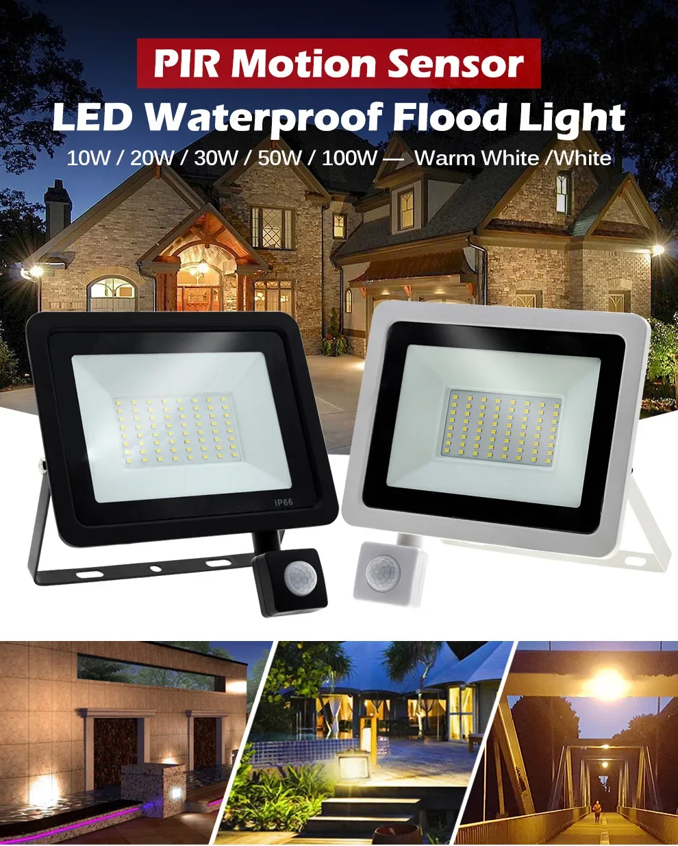 Description Picture 2 of itemLed-Schijnwerpers Pir Bewegingssensor 10W 20W 30W 50W 100W IP66 Waterdichte Led Hangende Buitenmuurlamp Schijnwerper 220V