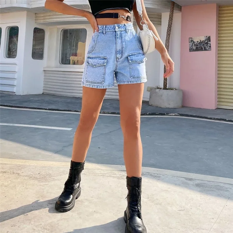 Straight Leg Denim Shorts Women High Waist with Button Pockets Jeans Summer 2021 New Wash Distressed Streetwear Short Pants