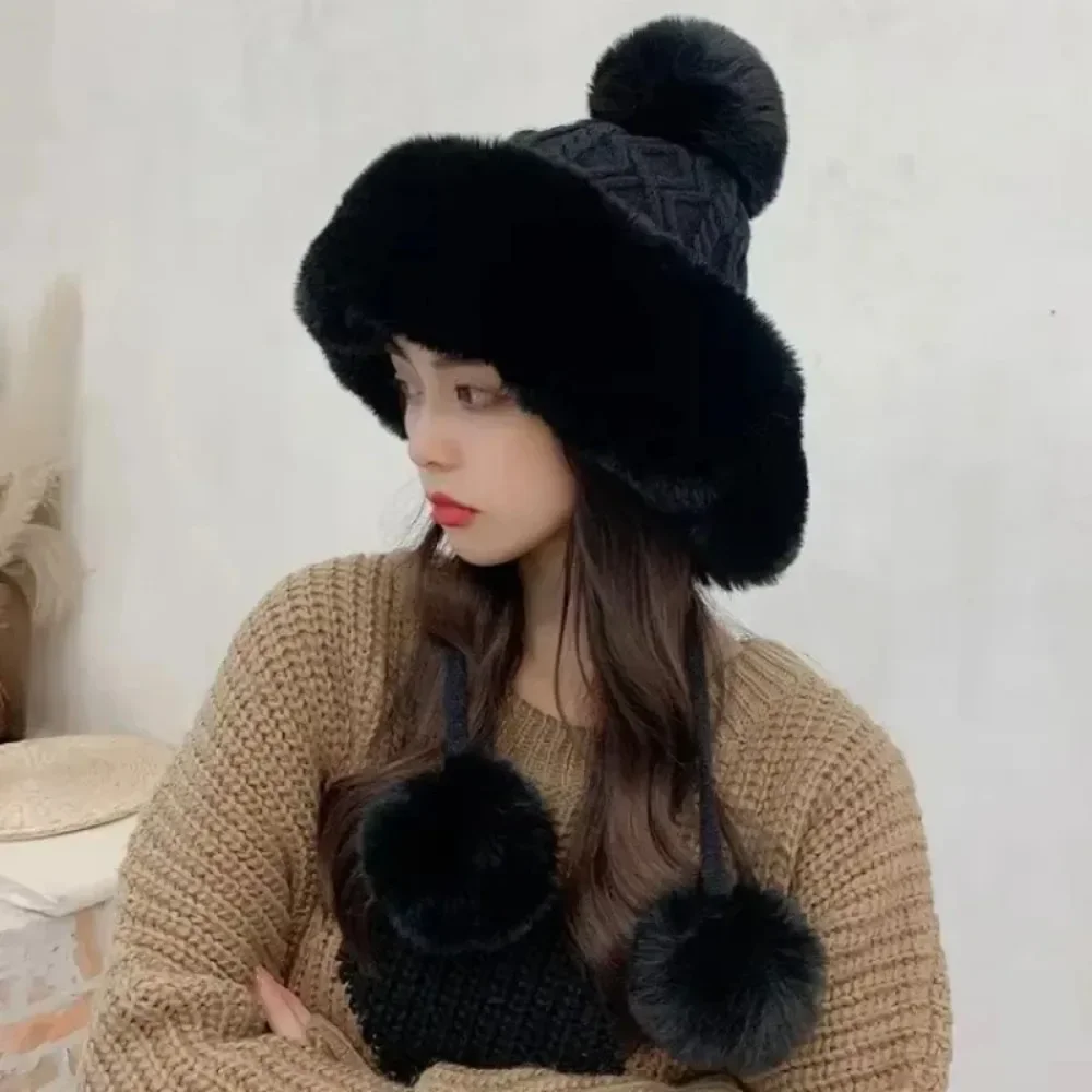 Imitation Rabbit Fur Thermal Winter Hat Women Cute Thickening White Fluffy Ball Cap Earflaps Slipover Plush Hat Шапка Женская