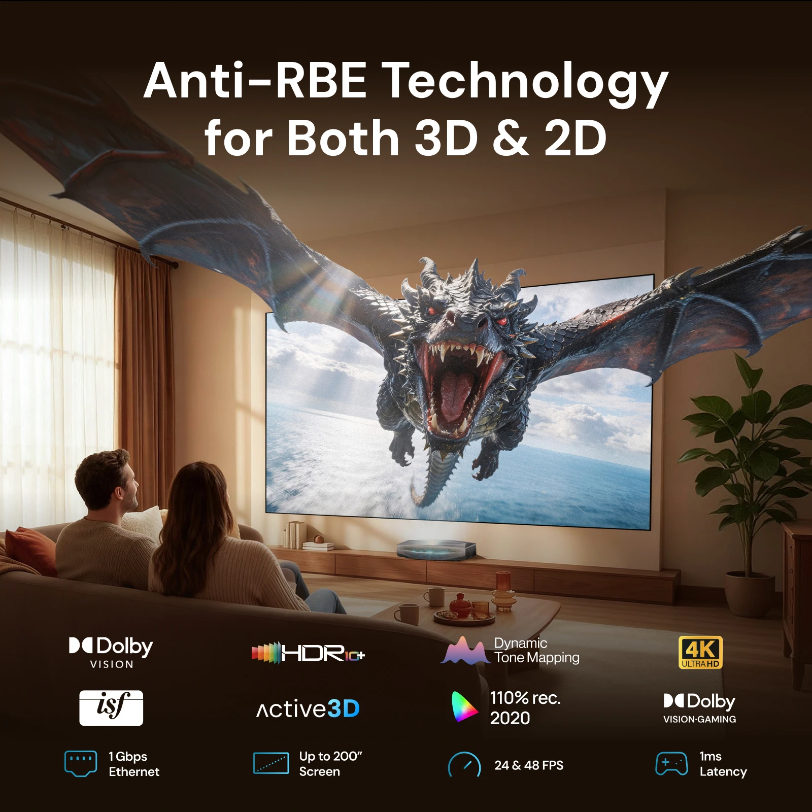 에테리온 MAX UST 프로젝터 2600 ISO 루멘 4K RGB 순수 트리플 레이저 6000:1 8+128G EMMC 구글 TV 3D 지원 홈 프로젝터