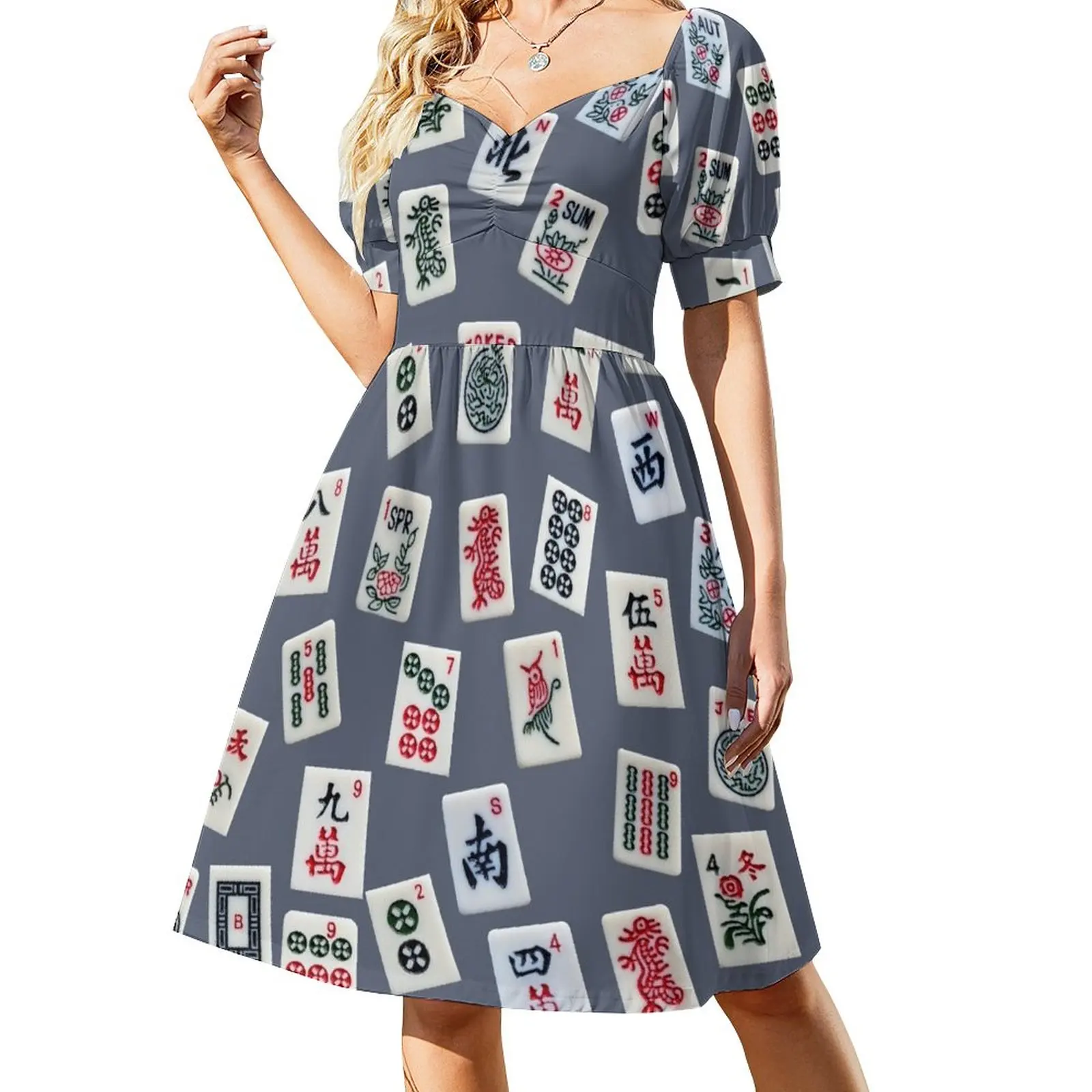 Mahjongg game tiles design on blue color Sleeveless Dress women dress Female dress chic and elegant woman dress