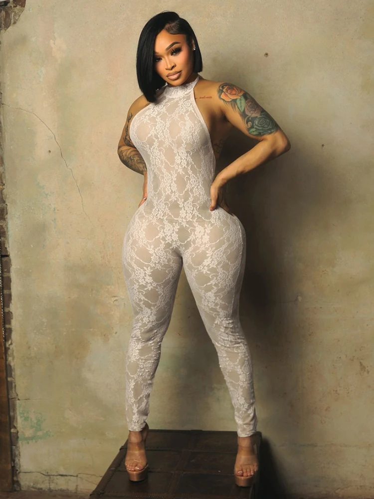 Weird Puss See through Backless Jumpsuit Women Sexy Wild Jacquard Bandages Halter Sleeveless Stretch High Street Party Clubwear 1