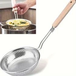Elegant Stainless Steel Colander with Wooden Handle - Fine Mesh Skimmer Spoon for Cooking and Food Prep (Silver)