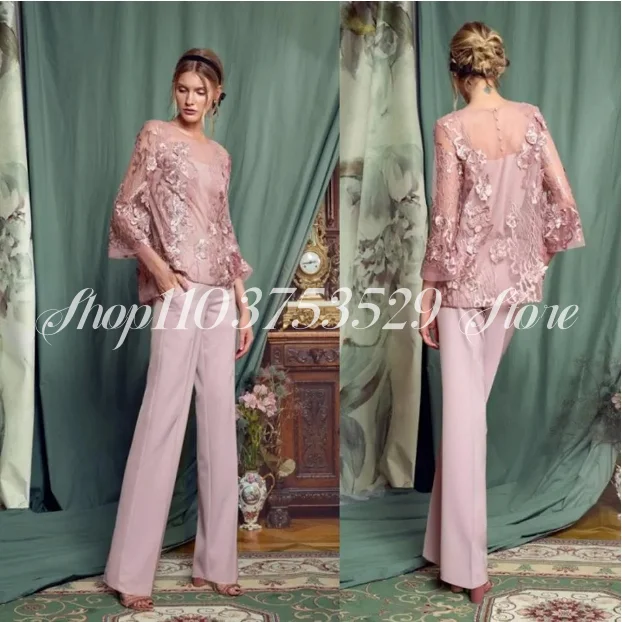 Elegant Mother of Bride Gowns Gemstone Neck Long Sleeve Lace Prom Dresses Chiffon Trousers Formal Wedding Guest Dress mother bride dresses