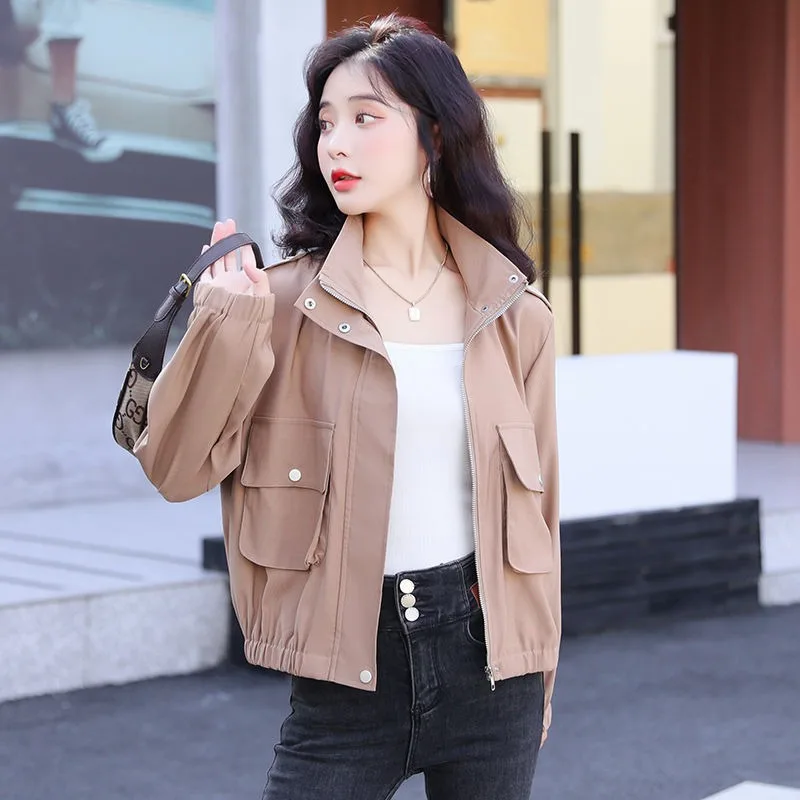 2024 Spring New Women Loose All-Matching Short Jacket Retro Solid Color Stand Collar Fashion Outwear Korean Style Casual Outcoat