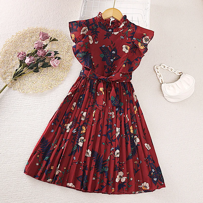 

2023 Summer New Girls Dress Retro Style Printing With Waist Belt Sleeveless Princess Dresses For 5-12 Years Old