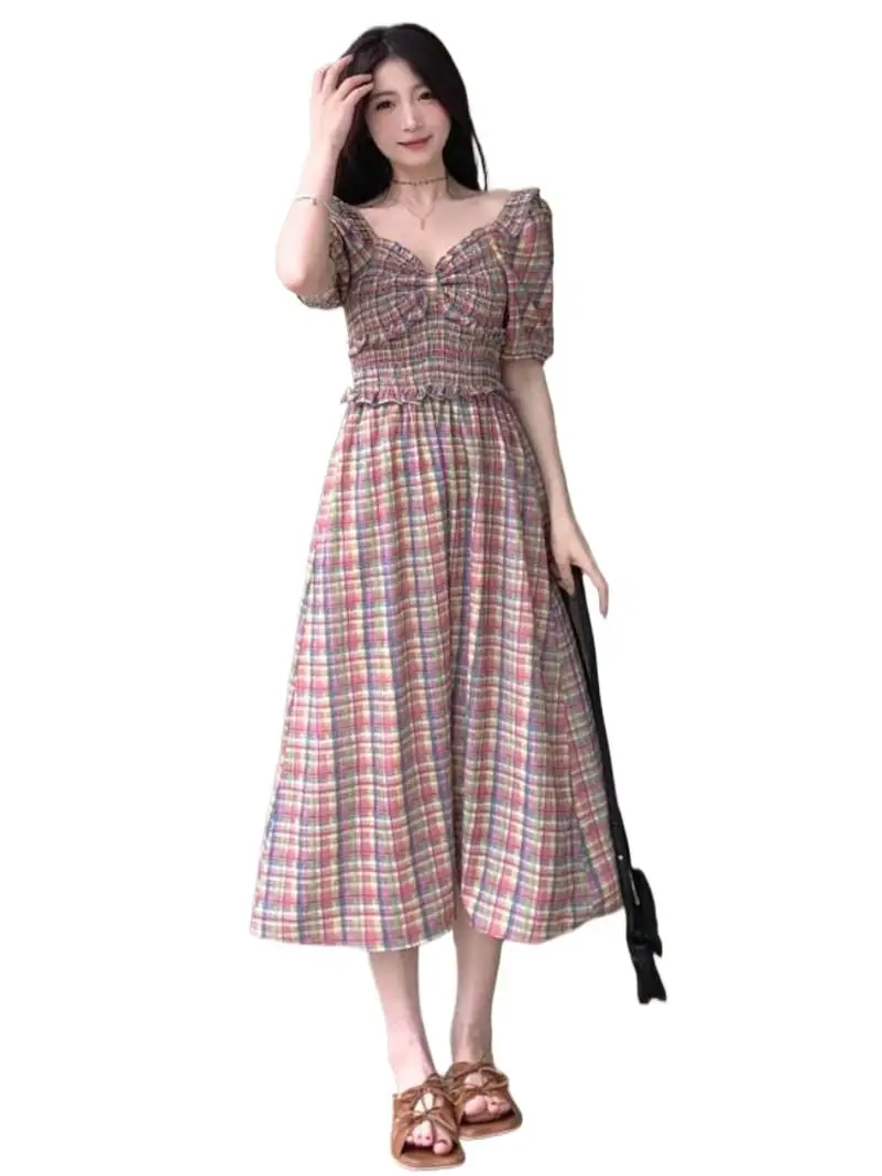 

Women Hotselling Plaid Bow Long Dress Puff Sleeves Sexy V-Neck Elegant Chic Princess Temperament Party Dresses Vestidos