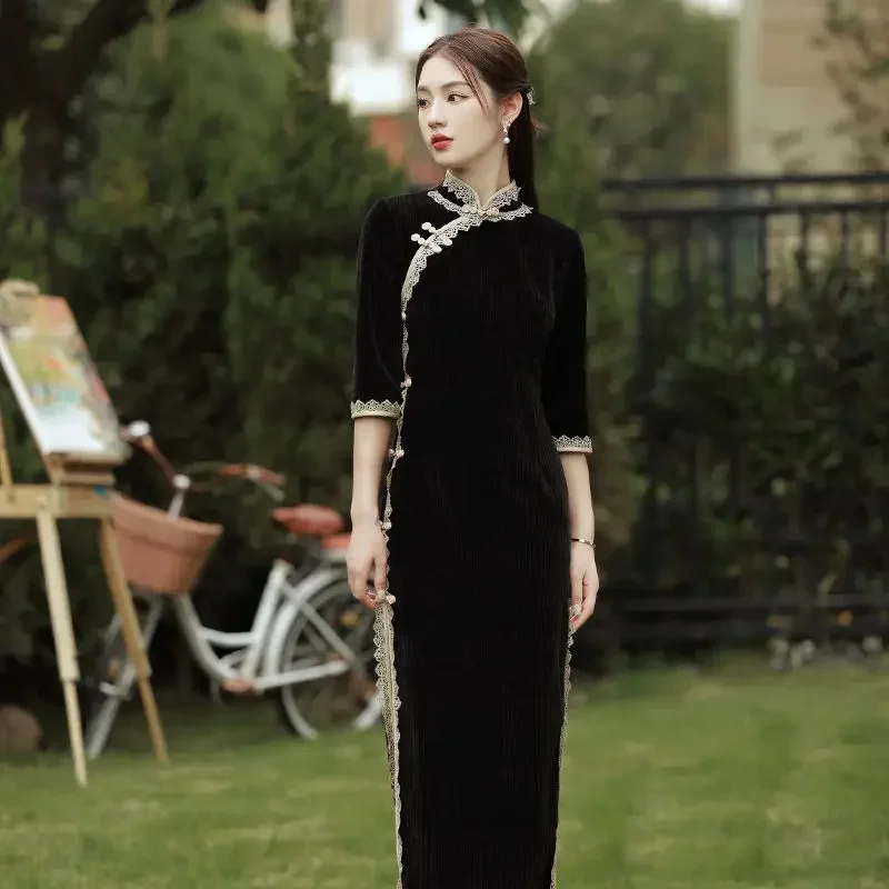 

Новое черное модифицированное Ципао в китайском стиле ретро эксклюзивное элегантное весеннее платье Ципао с длинными рукавами 2024