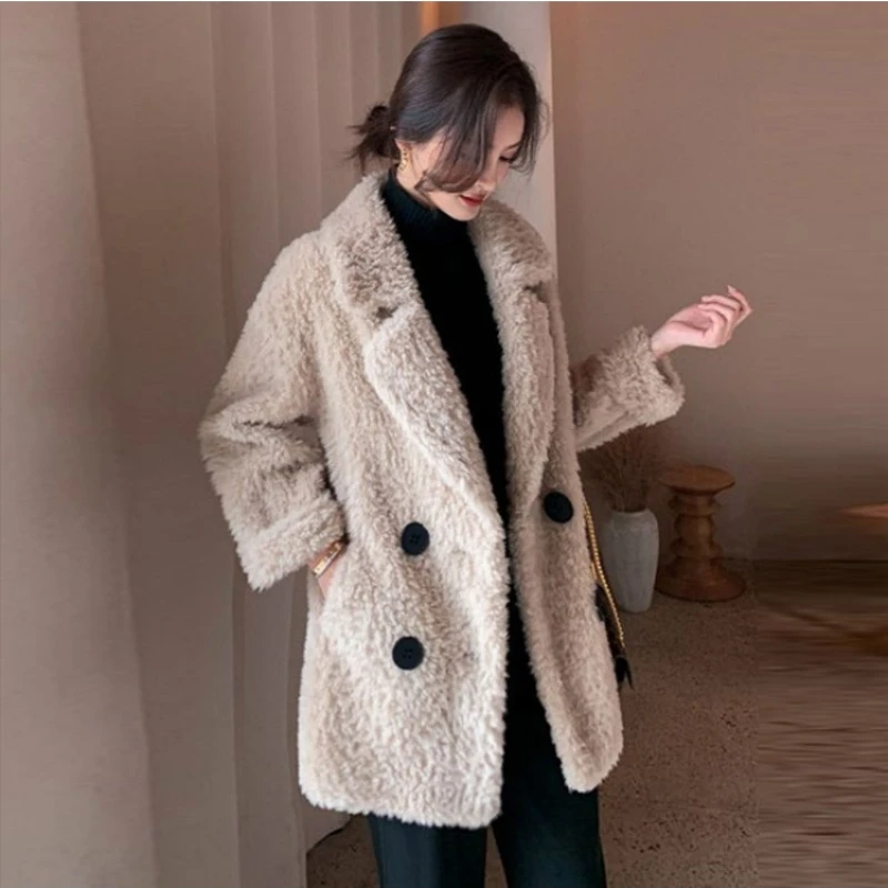2023 Winter New Women Faux Fur Coat Mid Length Version Loose Outwear Thicken Warm Lamb Wool Parkas Fashion Solid Color Outcoat