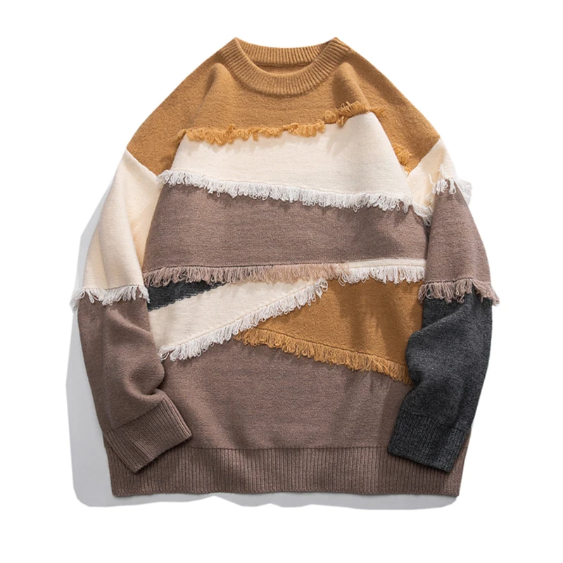 

Autumn Oversize Tassel Sweatercoat Men Patchwork Baggy Jumper Fashion Korean Streetwear Pullovers Tops Clothing Male Plus Size
