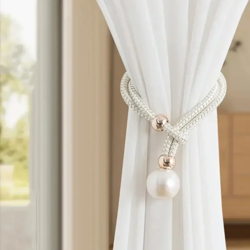 2pcs Pearl Curtain Tiebacks Decorative Fixings Rope Tiebacks No Punch Adjustable Pull-outs curtain tiebacks