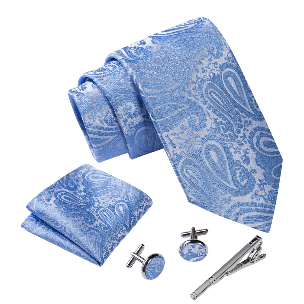 

Ikepeibao небесно-голубой мужской галстук в полоску Пейсли с металлическими запонками и зажимом