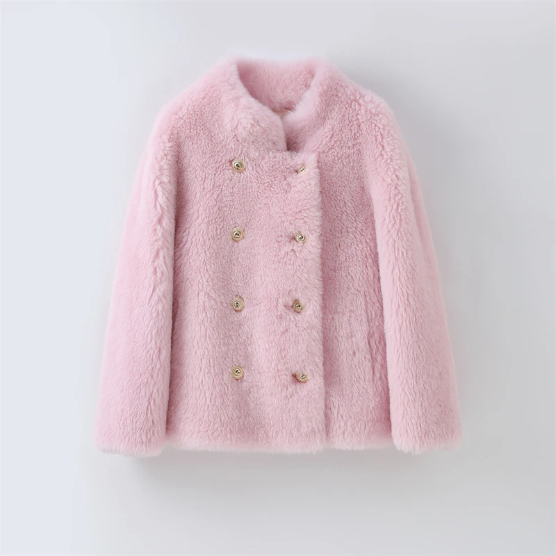 

Женская короткая теплая куртка из натуральной шерсти, однотонное зимнее пальто с овчиной, повседневное пальто, H23261