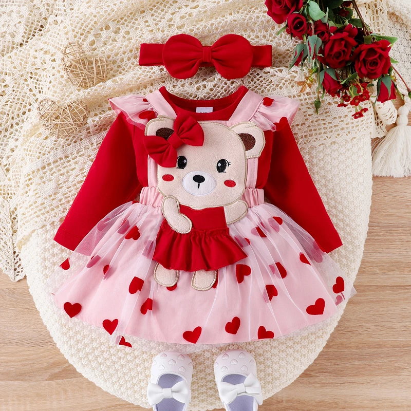 

Infant Baby Girl Valentines Day Outfit Long Sleeve Romper Heart Bear Suspender Skirt Headband 3Pc Clothes Set