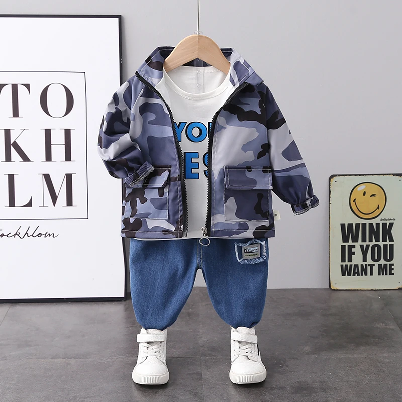 

2022 Spring Autumn Baby Boy Girl Clothes Children Cool Camouflage 2Pcs/sets Toddler Tooling Jacket +T-shirt+Jeans Kids Clothing