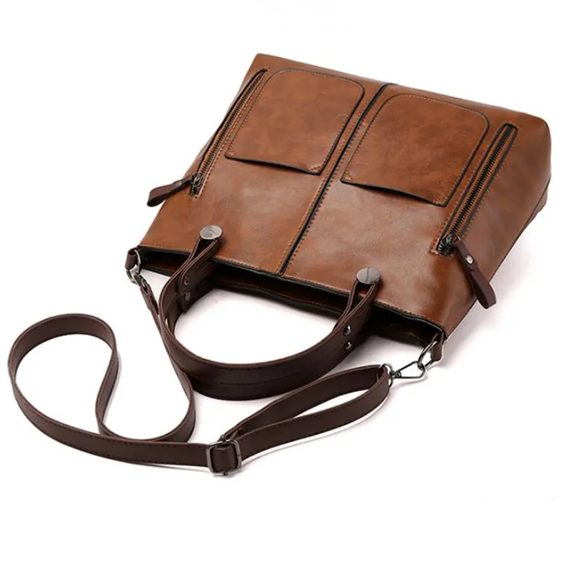 Retro Leather Handbag Shoulder Bag for Women with Double Pocket, Large Capacity, Vintage Lady's Tote Bag, Simple Crossbody Bags