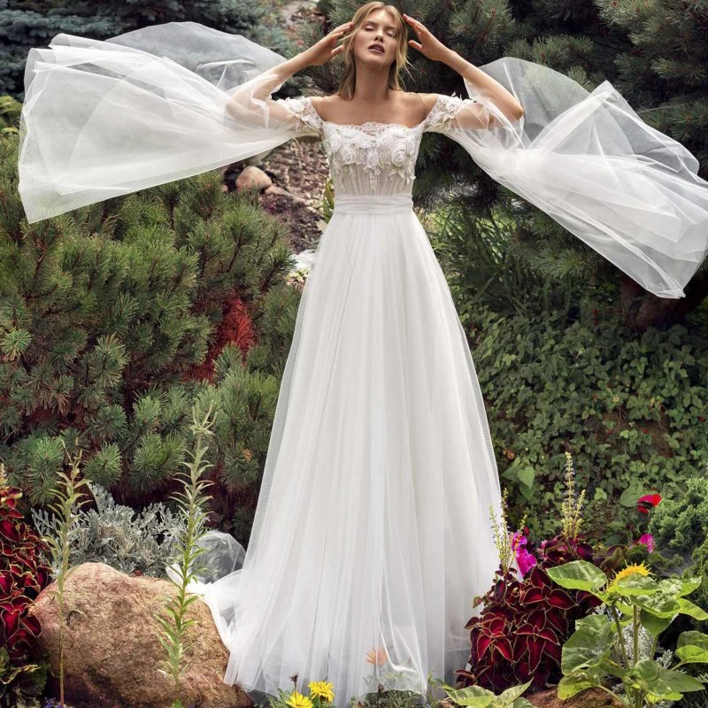 

Кружевное ТРАПЕЦИЕВИДНОЕ свадебное платье из тюля, с 3D цветами