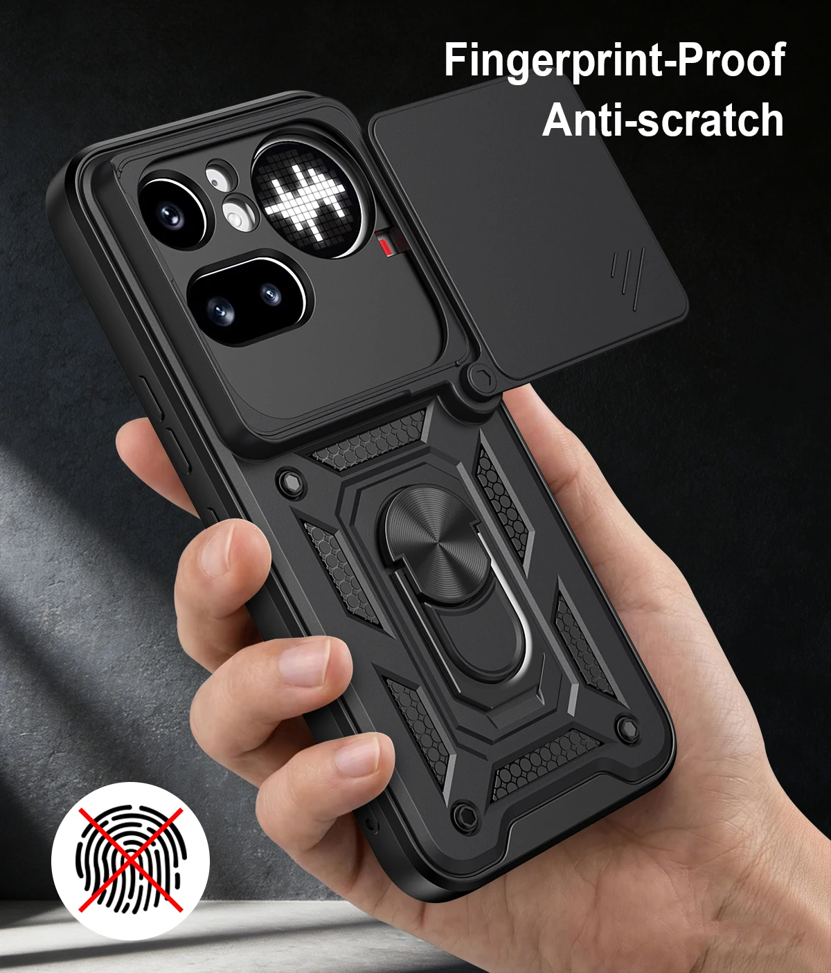 Heavy Duty Shockproof Camera Slider Phone Case with Matte Finish and Ring Holder Kickstand