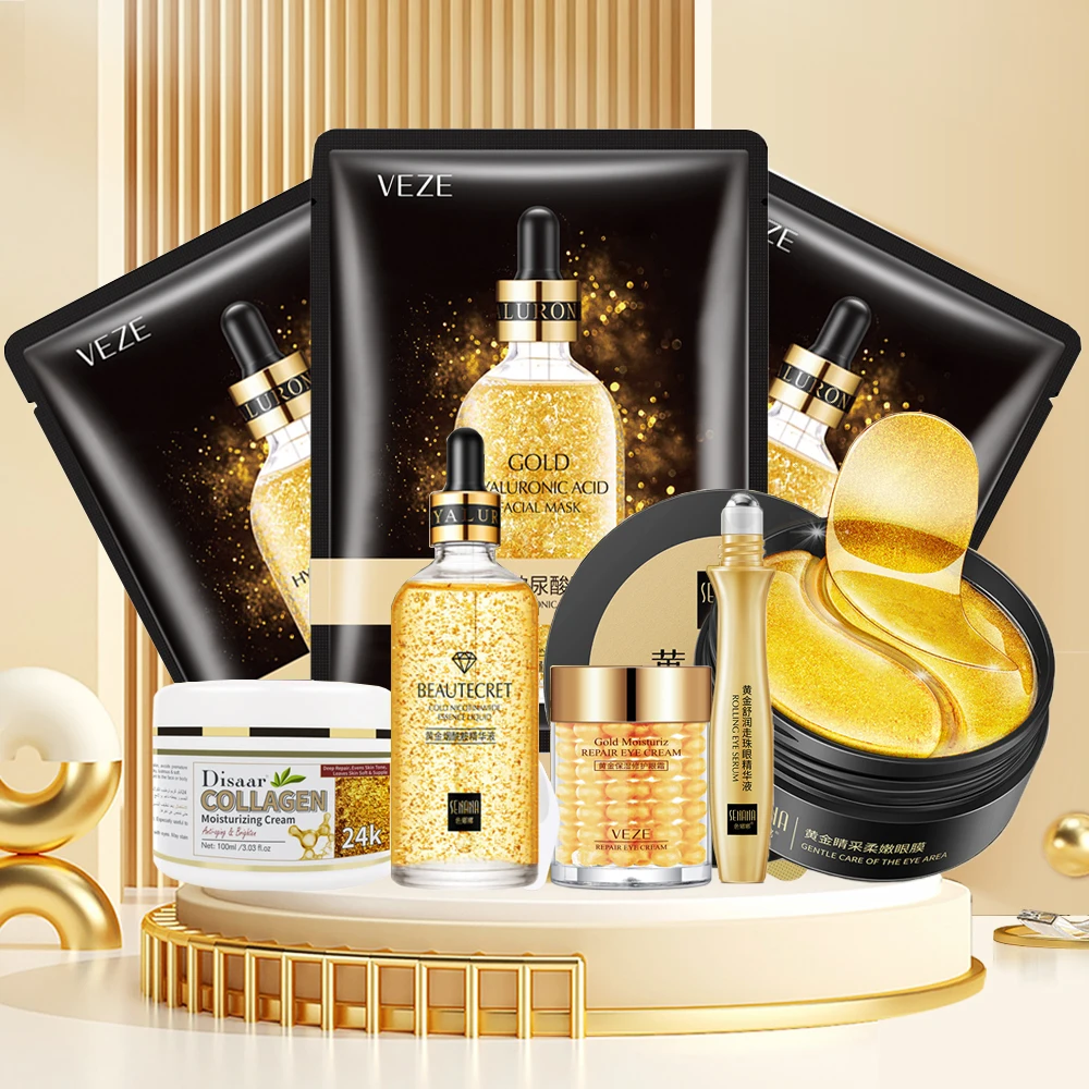 

Skin Care Sets 8Pcs/lot 24K Gold Nicotinamide Face Serum Collagen Whitening Cream Hydrating Face Mask Face Skincare Product Kit
