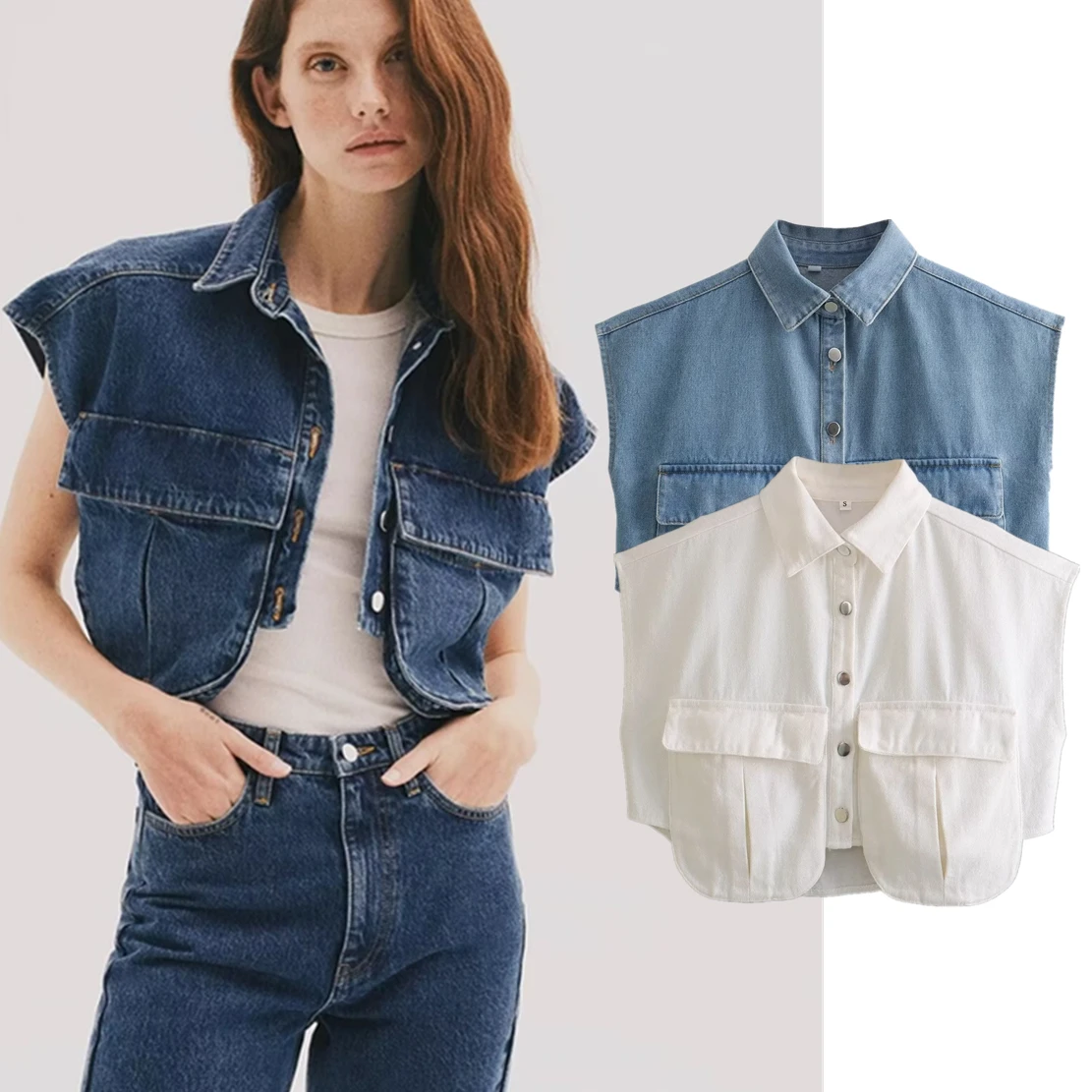 Withered British Fashion High Street Short Shirt Female Blogger Retro Tooling Style Denim Shirt Top Women new fall pants removable american work jeans female summer retro high street straight fashion personality pants women jeans y2k