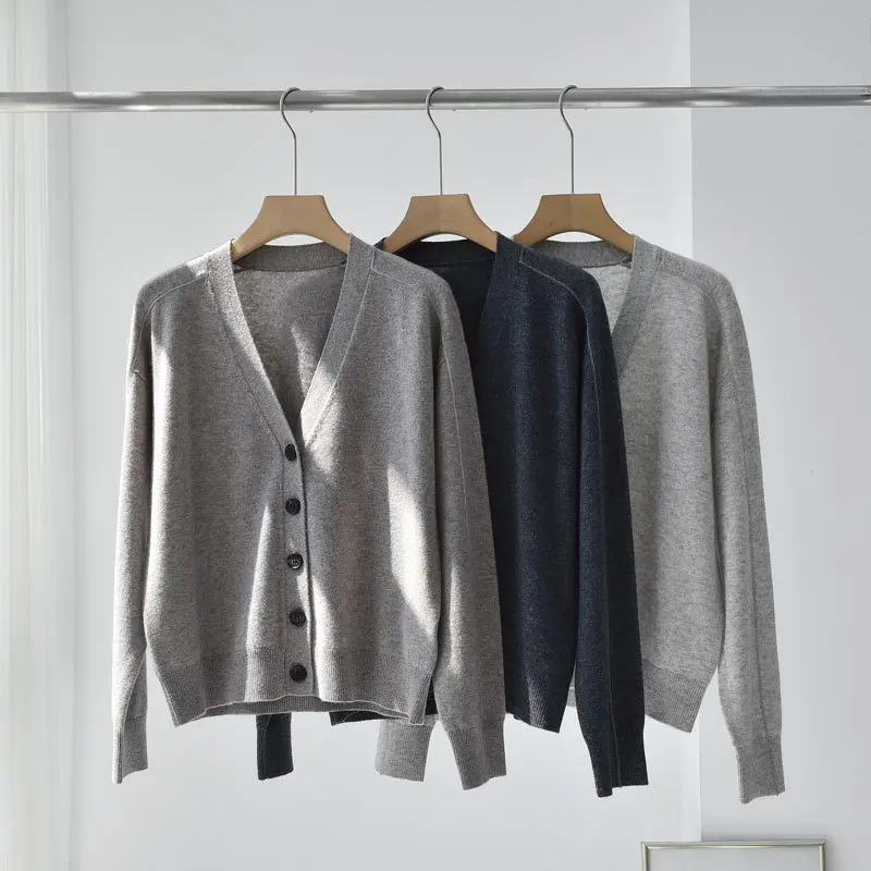 

Pure Cashmere Cardigan Women Retro Splicing Autumn Winter V-neck 100% Bead Chain Knitted Thick Sweater Coat Cropped Cardigans