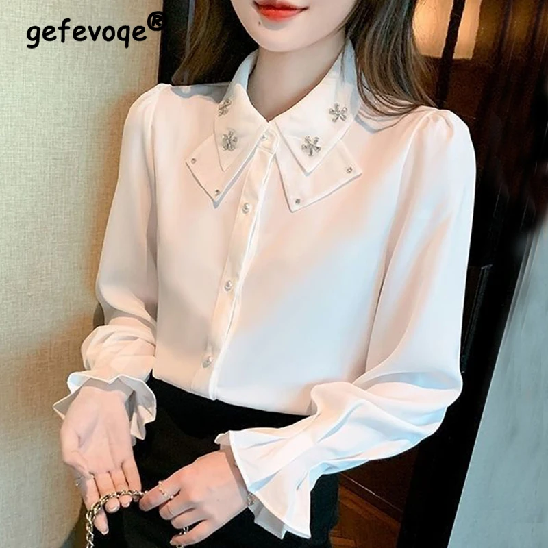 

Spring Autumn New Chiffon Elegan Fashion Temperament Shirt Women Long Sleeve Kawaii Solid Tops Female Aesthetic Chic Lady Blouse
