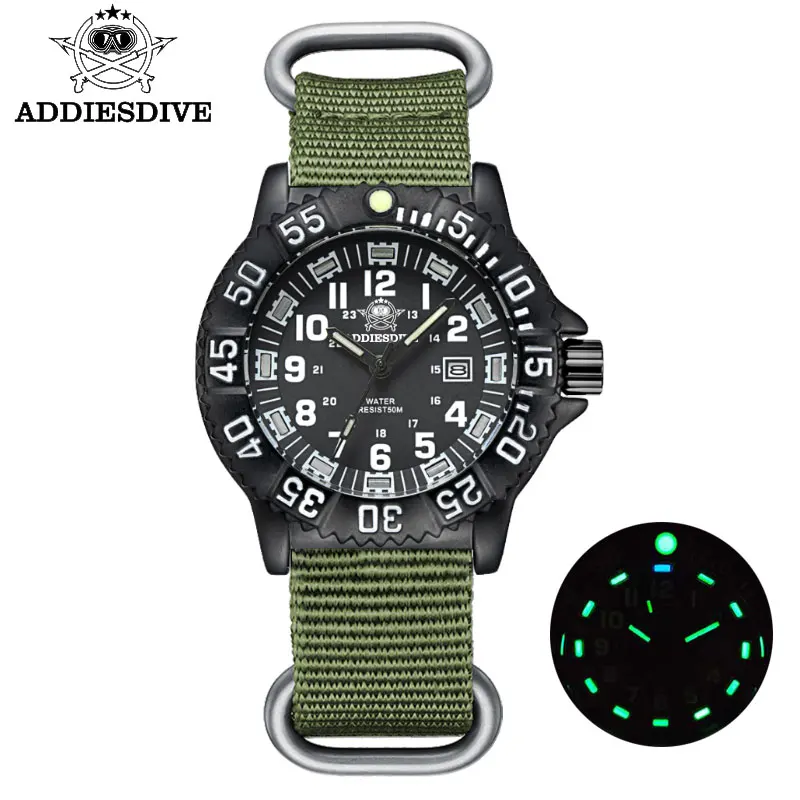 ADDIESDIVE Men's Waterproof Military-Style Sports Watch with Luminous Nylon Strap