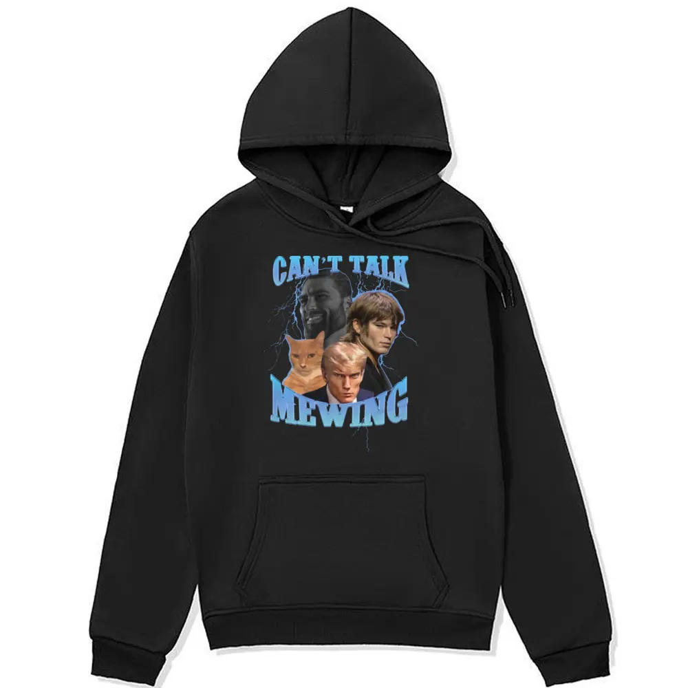 Can't Talk I'm Mewing Funny Cat Meme Print Hoodies Men Women Gothic Aesthetic Harajuku Sweatshirts Oversized Streetwear Pullover