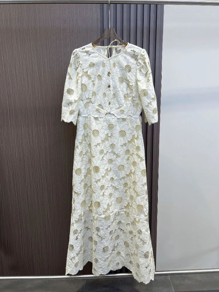 

Elegant Summer Collection Vintage Women's Beige Sunflower Embroidery Hollow Out Half Petal Sleeve O-Neck Midi Dress 2024