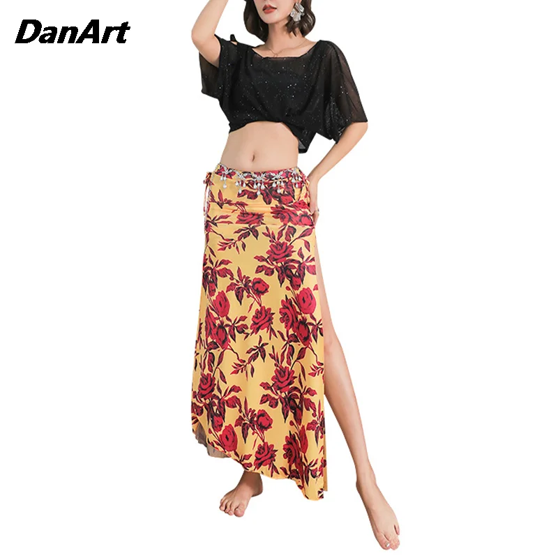

Women Belly Dance Two Piece Set Sexy Mesh Tops and Long Skirt Stage Performance Clothing Oriental Dance Training Suit Slit skirt