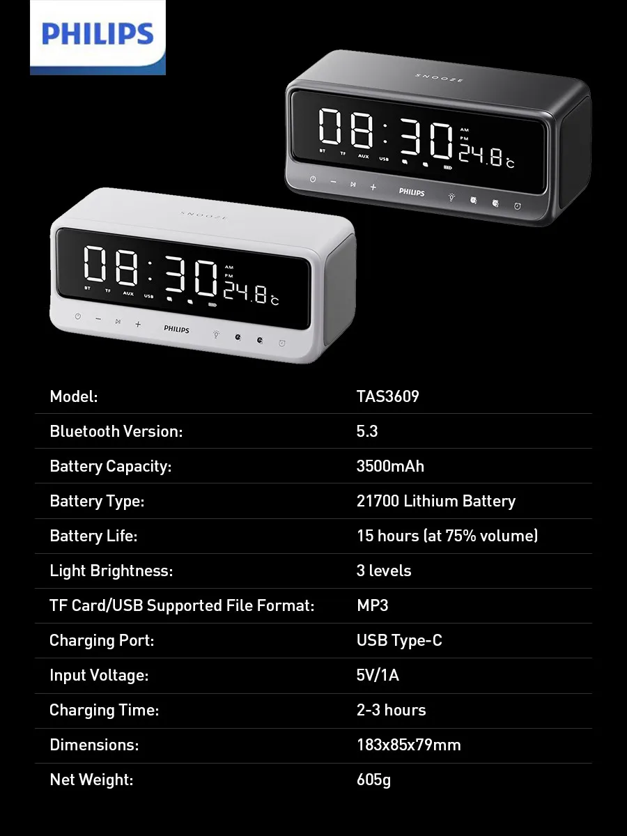 Philips TAS3609 Bluetooth-Lautsprecher mit Echtzeit-Temperaturanzeige_voghion.com