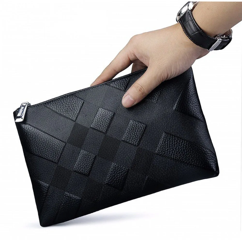 New Men's Clutch Bag Cowhide High Capacity Zipper Embossed Hand Bag