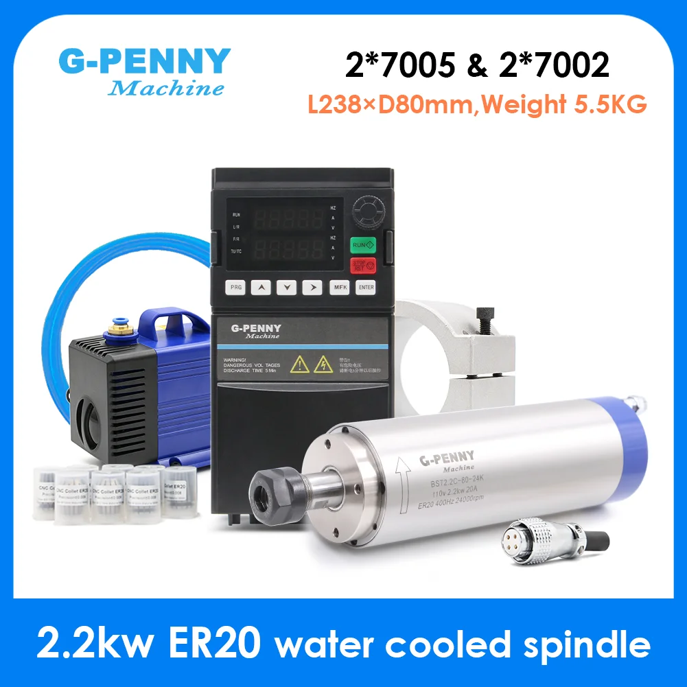 G-Penny 2,2 kW ER20 Wassergekühltes Spindel-Kit Wasserkühlspindel & 2,2 kW VFD & 80 mm Spindelhalterung & 75 W Wasserpumpe