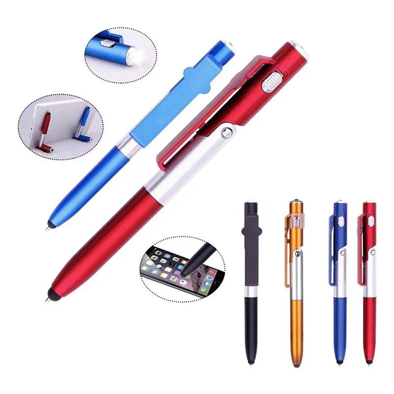 4 In 1 Multifunction Ballpoint Pen With LED Light Fold Phone Holder Night Read Writing Pencil Office School Student Stationery