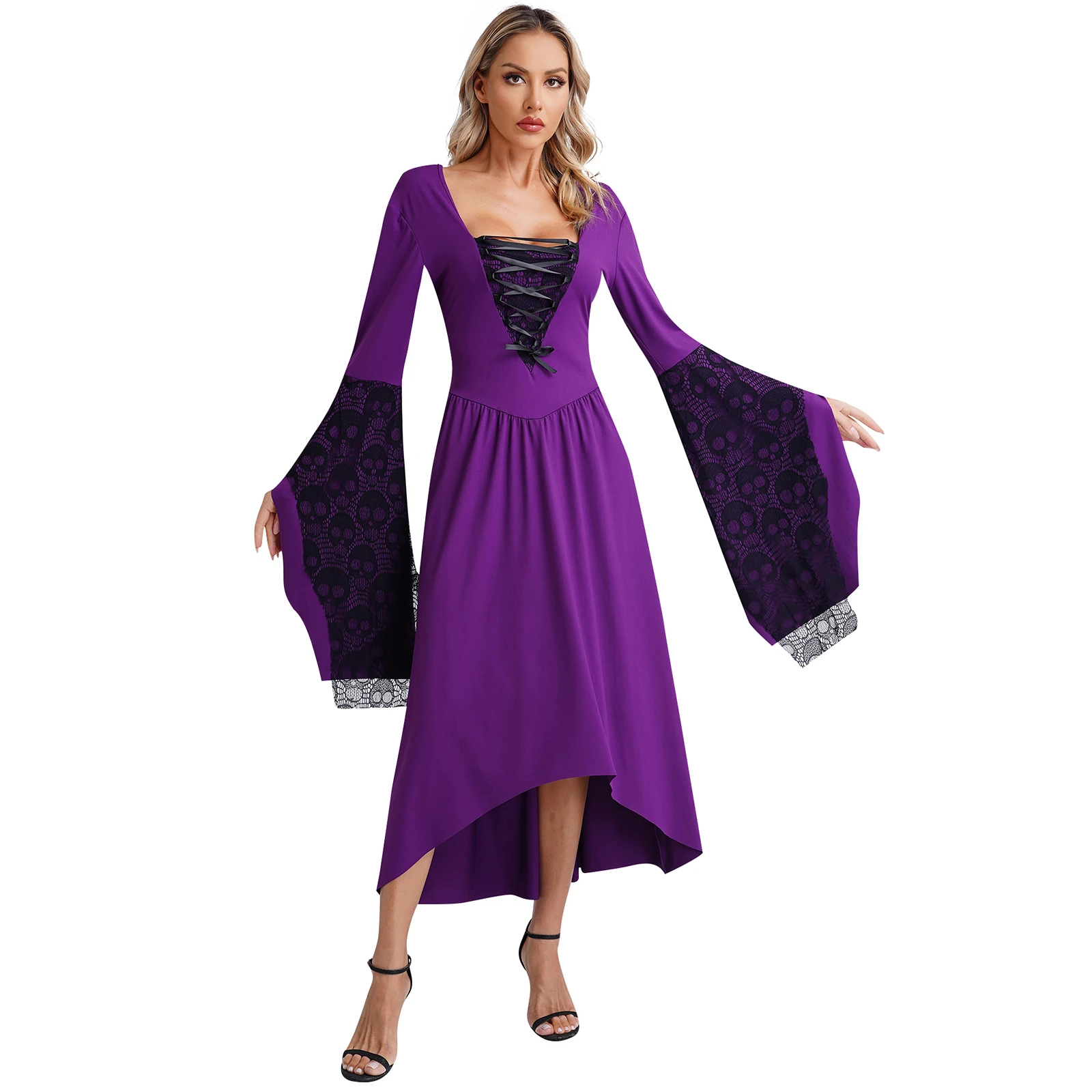 

Womens Witch Vampire Cosplay Costume Medieval Renaissance Gothic Dress Skull Lace Flare Sleeve Dresses Party Victorian Gown