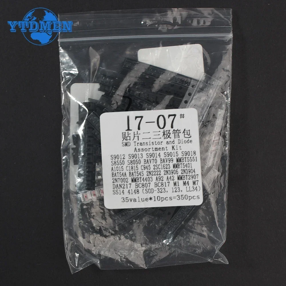 350PCS 35 Values SMD Transistor and Diode Assortment Kit SOT-23 S9012 S9013 S9014 S9015 S9018 S8550 S8050 2N2222 BAV70 BAV99 SMA