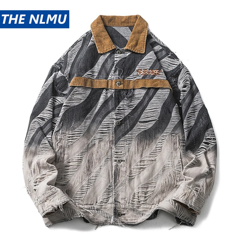 

Vintage Ripped hole Denim Jacket for Men Hip Hop Streetwear Loose Retro Gradient Jeans Jacket 2023 Autumn Varsity Jacket Coat