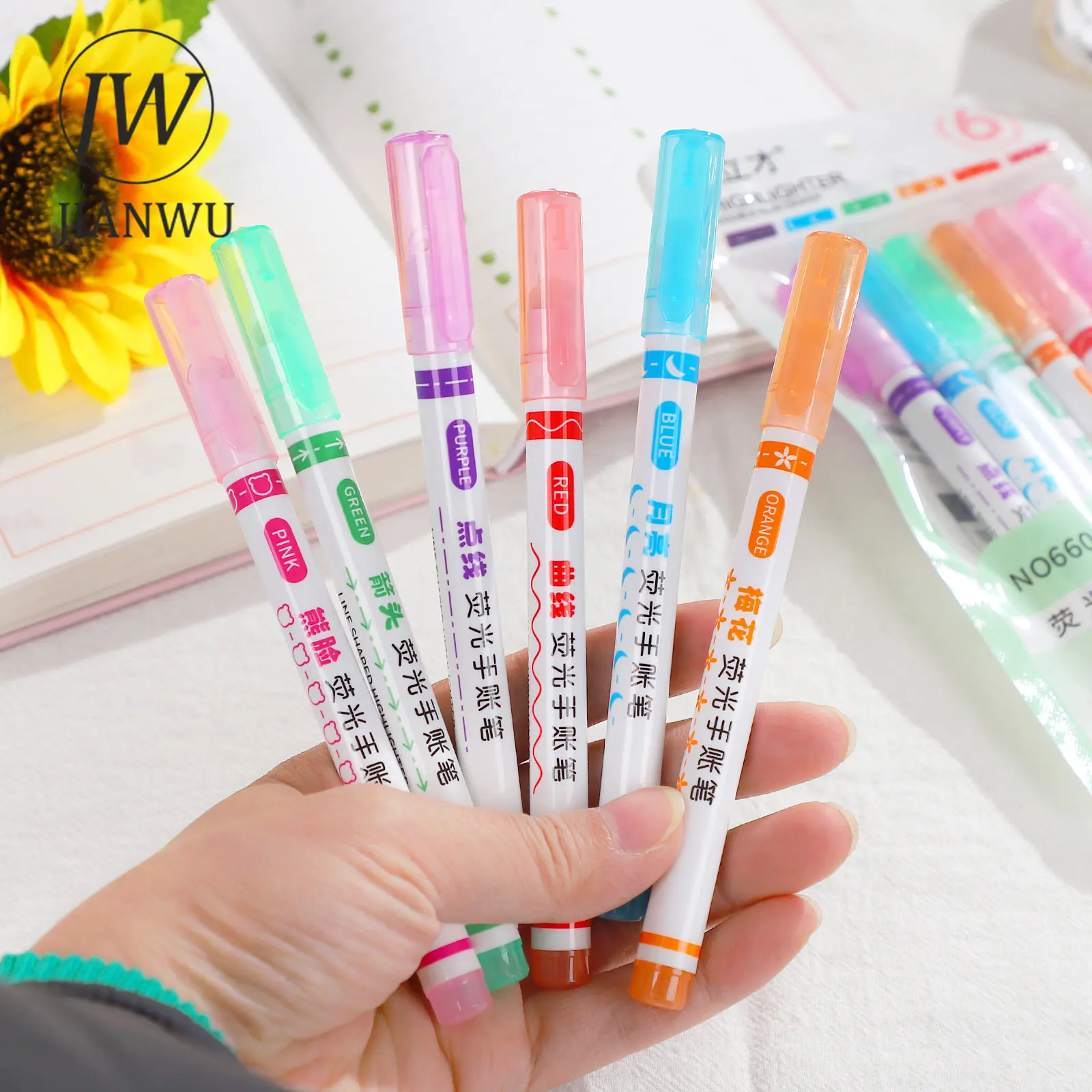 JIANWU 6 Pcs/set Curve Pen Creative Cute Morandi Color Highlighter Hand